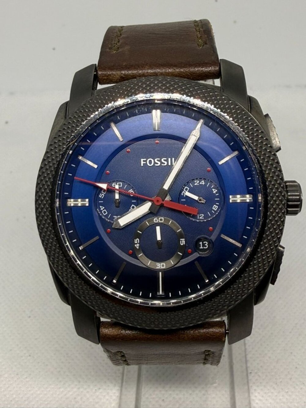 Fossil Machine FS5388 Men's 45mm Gunmetal Blue Dial Chronograph Leather Watch